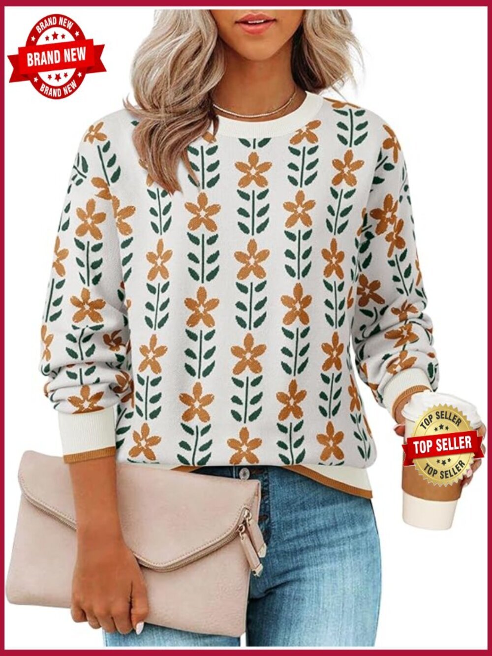 Long Sleeve Crewneck Oversized Pullover Sweater Floral Print Fall Winter Tops